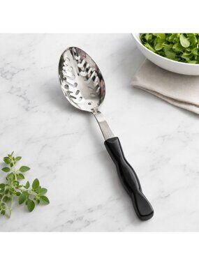 Cutco Stainless Steel Slotted Spoon With Black Ergonomic Handle